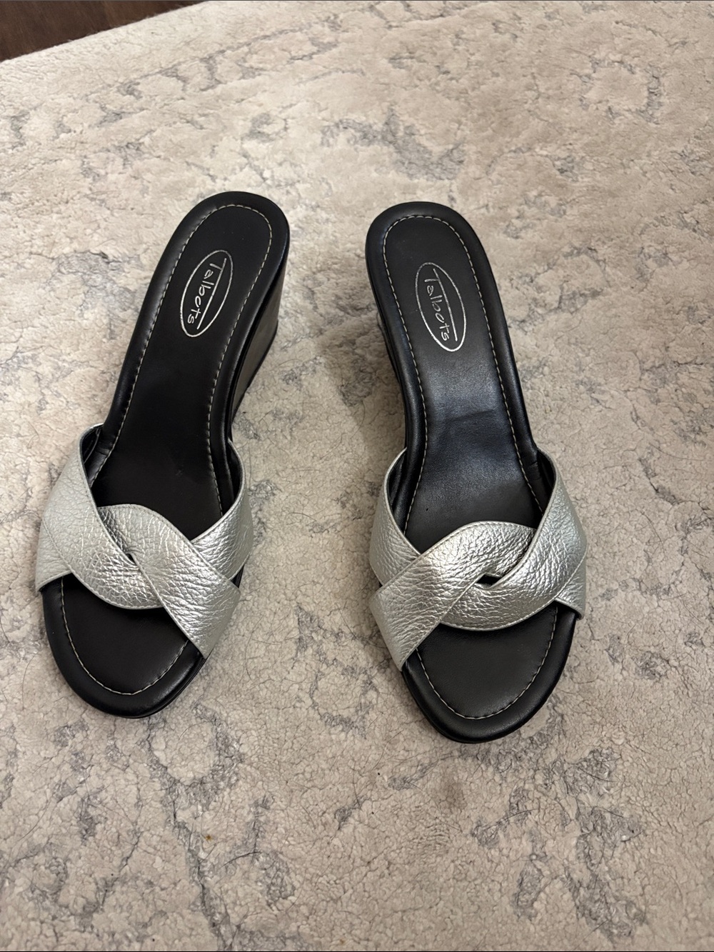 Talbots silver pebbled leather slip on mules clogs wedge sandal heels Size 7